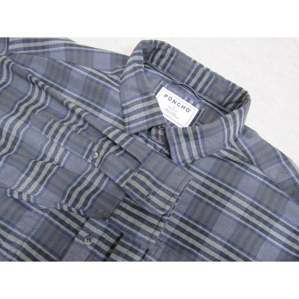 Poncho Outdoors Plaid Shirt XL Regular Fit Blue Gray Magnetic Pockets Mens